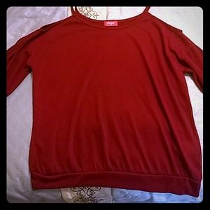 Red cut shoulder long sleeve blouse